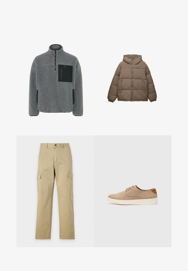 Taupe-kleurige gewatteerde jas met voorrits, vaste capuchon, elastische manchetten en twee ritszakken aan de zijkant, weergegeven op een witte achtergrond.; Fleece pullover in lichtgrijs met een gestructureerde stof, kwart-rits sluiting en zwarte zakaccenten op de borst en zijkanten.; Beige cargobroek van katoen, met twee zijzakken, een knoopsluiting en rechte pijpen van een licht gestructureerde stof.; Beige suède sneakers met een ronde neus, vetersluiting aan de voorkant en een getextureerde achteraccent. De witte rubberen zool zorgt voor contrast. Eenvoudig en modern ontwerp.