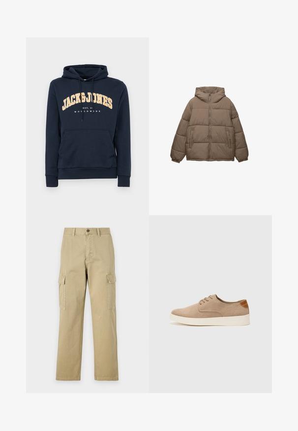 Taupe-farbene, gepolsterte Jacke mit Frontreißverschluss, abnehmbarer Kapuze, elastischen Bündchen und zwei seitlichen Reißverschlusstaschen, auf weißem Hintergrund präsentiert.; Dunkelblaues Hoodie mit einer vorderen Kängurutasche, Kapuze mit Kordelzug und weißem Logo-Text "JACK & JONES", der in Gelb über die Brust gewölbt ist.; Beige Cargo-Hosen aus Baumwolle, mit zwei Seitentaschen, einem Knopfverschluss und geraden Beinen aus einem leicht strukturierten Stoff.; Beige Wildleder-Sneaker mit runder Zehenpartie, Schnürung und strukturiertem Rückenteil. Die weiße Gummisohle sorgt für einen Kontrast. Einfaches und modernes Design.