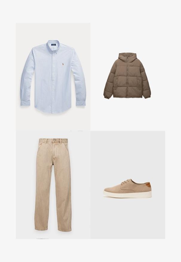 Veste matelassée couleur taupe avec fermeture éclair à l'avant, capuche attachée, poignets élastiques et deux poches latérales zippées, présentée sur fond blanc.; Chemise à manches longues rayée bleu et blanc avec col ajusté, ornée d'un petit logo brodé sur la poitrine gauche.; Jeans en denim beige avec une coupe droite, dotés de poches avant, d'une fermeture à bouton en métal et d'une texture subtile.; Baskets en daim beige avec un embout arrondi, un laçage sur le devant et un accent texturé à l'arrière. La semelle en caoutchouc blanche offre un contraste. Design simple et moderne.