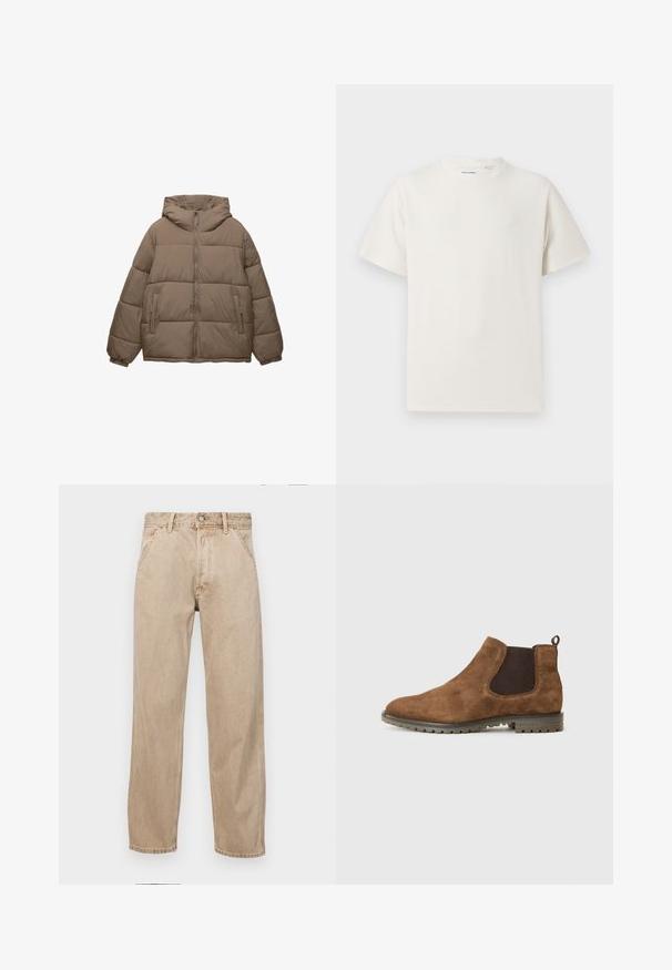 Giacca imbottita color taupe con zip frontale, cappuccio attaccato, polsini elasticizzati e due tasche laterali con zip, esposta su sfondo bianco.; T-shirt bianca a maniche corte in texture a coste. Girocollo, vestibilità rilassata, senza modelli o accenti visibili. Design semplice e versatile.; Jeans in denim beige con un design a gamba dritta, dotati di tasche frontali, chiusura con bottone metallico e una texture delicata.; Stivaletto Chelsea in suede marrone con pannelli elastici laterali, un occhiello di trazione e una suola in gomma testurizzata con scanalature per una maggiore aderenza.