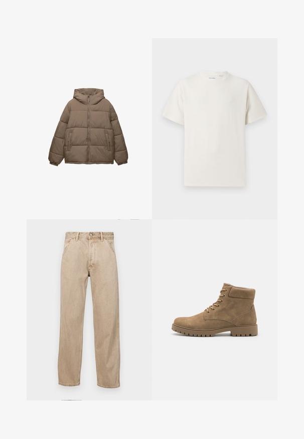 Giacca imbottita color taupe con zip frontale, cappuccio attaccato, polsini elasticizzati e due tasche laterali con zip, esposta su sfondo bianco.; T-shirt bianca a maniche corte in texture a coste. Girocollo, vestibilità rilassata, senza modelli o accenti visibili. Design semplice e versatile.; Jeans in denim beige con un design a gamba dritta, dotati di tasche frontali, chiusura con bottone metallico e una texture delicata.; Stivali alla caviglia in suede tan con punta arrotondata, colletto imbottito, sei paia di occhielli e suola in gomma spessa con dettagli scanalati.