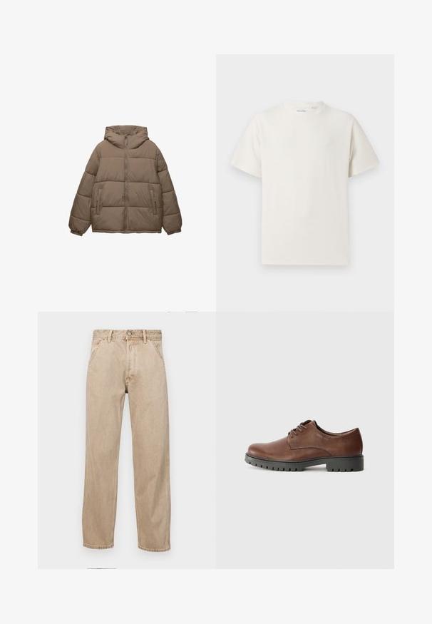 Giacca imbottita color taupe con zip frontale, cappuccio attaccato, polsini elasticizzati e due tasche laterali con zip, esposta su sfondo bianco.; T-shirt bianca a maniche corte in texture a coste. Girocollo, vestibilità rilassata, senza modelli o accenti visibili. Design semplice e versatile.; Jeans in denim beige con un design a gamba dritta, dotati di tasche frontali, chiusura con bottone metallico e una texture delicata.; Scarpa oxford in pelle marrone con una texture liscia, punta arrotondata e suola in gomma nera con un motivo di battistrada. Lacci attaccati nella parte frontale.