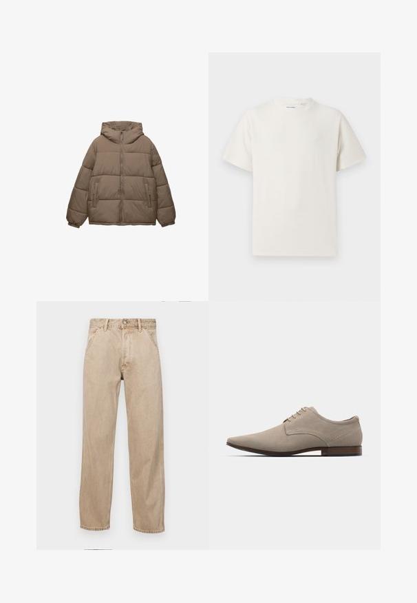 Tauffärgad vadderad jacka med framdragkedja, fast huva, elastiska ärmslut och två zippered sidofickor, visad på vit bakgrund.; Vit t-shirt med kort ärm i ribbad struktur. Rund halsringning, löst sittande passform, inga synliga mönster eller detaljer. Enkelt och mångsidigt design.; Beige denimjeans med rak passform, som har framfickor, metallknappstängning och subtil textur.; Beiga snörskor i mjuk mocka, med spetsig tå, minimal sömnad och ett träklack. Slät yta och enkel design.