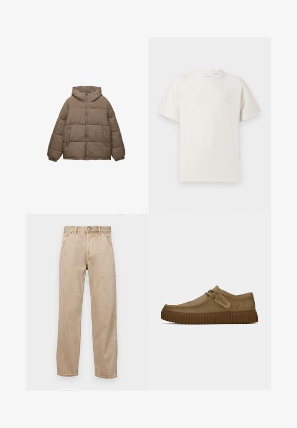 Taupe-farbene, gepolsterte Jacke mit Frontreißverschluss, abnehmbarer Kapuze, elastischen Bündchen und zwei seitlichen Reißverschlusstaschen, auf weißem Hintergrund präsentiert.; Weißes T-Shirt mit kurzen Ärmeln in gerippter Textur. Runder Ausschnitt, lockere Passform, keine sichtbaren Muster oder Akzente. Einfaches und vielseitiges Design.; Beige Denim-Jeans mit geradem Beinschnitt, ausgestattet mit Vordertaschen, einem Metallknopfverschluss und feiner Textur.; Hellbraune Wildlederschuhe mit runder Zehenpartie, genähten Details und einer gerippten braunen Gummisohle. Mit einem Seitenschild mit dem "Clarks"-Logo.