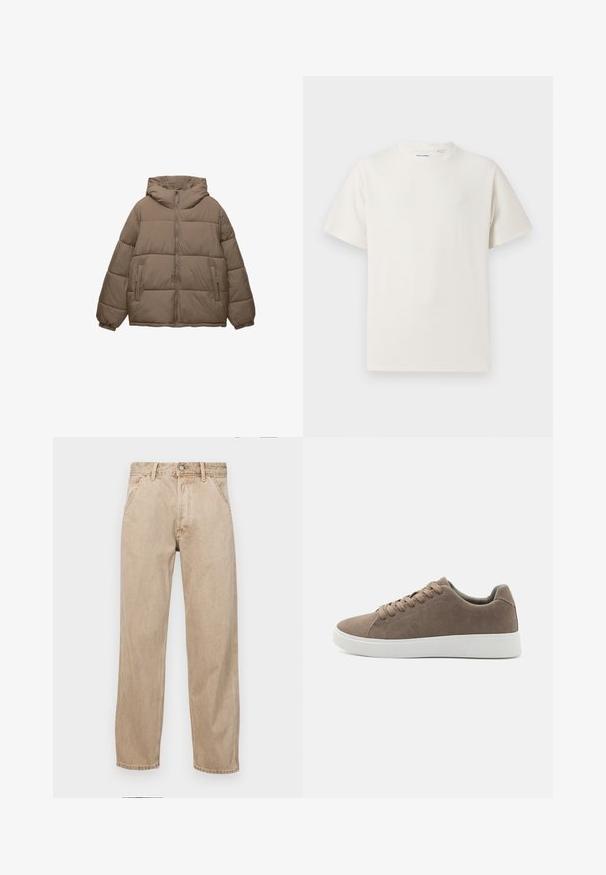 Jachetă căptușită de culoare taupe, cu fermoar frontal, glugă atașată, manșete elastice și două buzunare laterale cu fermoar, expusă pe fundal alb.; Tricou alb cu maneci scurte, dintr-un material ribbed. Guler rotund, croi lejer, fără modele sau accente vizibile. Design simplu și versatil.; Jeans din denim bej cu un design drept, care prezintă buzunare frontale, închidere cu buton metalic și o textură subtilă.; Adidași din suede maro cu talpă din cauciuc albă plată, design cu șireturi, vârf rotund și o textură netedă. Stil minimalist cu detalii de cusătură discrete.