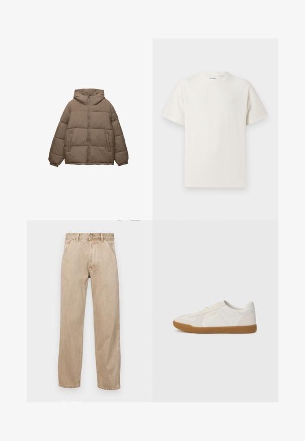 Taupe színű, párnázott dzseki, elülső cipzárral, rögzített kapucnival, elasztikus mandzsettákkal és két cipzáros oldalzsebbel, fehér háttér előtt.; Fehér, rövid ujjú póló bordázott textúrával. Kerek nyakkivágás, laza szabás, nincs látható minta vagy díszítés. Egyszerű és sokoldalú dizájn.; Beige színű farmernadrág egyenes fazonnal, elülső zsebekkel, fém gombos záródással és diszkrét textúrával.; Fehér sportcipő sima bőrből, gumitalppal, egyszerű varrással és egy kis arany logóval az oldalán.
