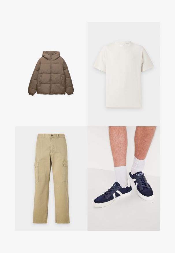 Veste matelassée couleur taupe avec fermeture éclair à l'avant, capuche attachée, poignets élastiques et deux poches latérales zippées, présentée sur fond blanc.; T-shirt blanc à manches courtes en texture côtelée. Encolure ronde, coupe décontractée, sans motifs ni accents visibles. Design simple et polyvalent.; Pantalons cargo beiges en coton, dotés de deux poches latérales, d'une fermeture à bouton et de jambes droites avec un tissu légèrement texturé.; Baskets bleu marine avec des accents et des lacets blancs, présentant un design épuré, en toile et caoutchouc, avec une texture sur les orteils et les côtés.