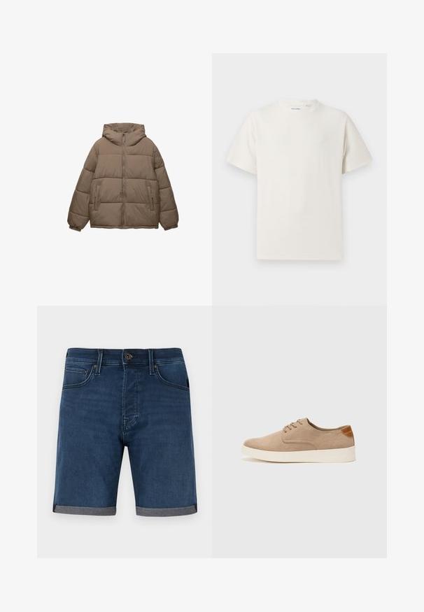 Taupe színű, párnázott dzseki, elülső cipzárral, rögzített kapucnival, elasztikus mandzsettákkal és két cipzáros oldalzsebbel, fehér háttér előtt.; Fehér, rövid ujjú póló bordázott textúrával. Kerek nyakkivágás, laza szabás, nincs látható minta vagy díszítés. Egyszerű és sokoldalú dizájn.; Sötétkék farmer rövidnadrág, rolled szürke szegéllyel. Klasszikus öt zsebes dizájn és gombos záródás a derékon.; Beige velúr sportcipő, kerek orral, fűzős elülső résszel és textúrált hátsó részlettel. Fehér gumitalp kontrasztot ad. Egyszerű és modern design.