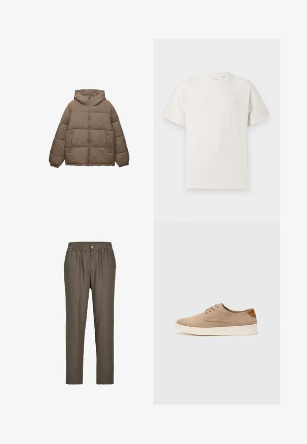 Taupe-colored padded jacket with front zipper, attached hood, elastic cuffs, and two zippered side pockets, displayed on white background.; White short-sleeve T-shirt in a ribbed texture. Round neckline, relaxed fit, no visible patterns or accents. Simple and versatile design.; Jack & Jones JPSTKARL LAWRENCE - Trousers - dark brown; Beige suede sneakers with a rounded toe, lace-up front, and a textured back accent. White rubber sole provides contrast. Simple and modern design.