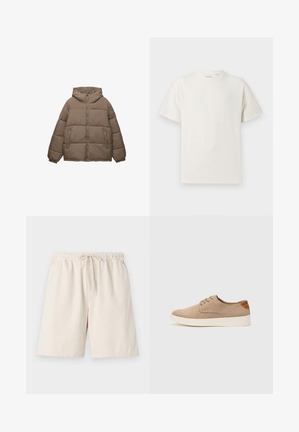 Veste matelassée couleur taupe avec fermeture éclair à l'avant, capuche attachée, poignets élastiques et deux poches latérales zippées, présentée sur fond blanc.; T-shirt blanc à manches courtes en texture côtelée. Encolure ronde, coupe décontractée, sans motifs ni accents visibles. Design simple et polyvalent.; Shorts côtelés beige clair avec une taille élastique et un cordon de serrage. Comprend des poches latérales et une coupe décontractée. Matière en mélange de coton.; Baskets en daim beige avec un embout arrondi, un laçage sur le devant et un accent texturé à l'arrière. La semelle en caoutchouc blanche offre un contraste. Design simple et moderne.