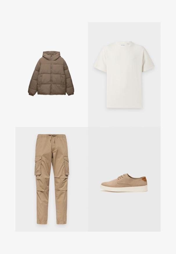 Taupe-colored padded jacket with front zipper, attached hood, elastic cuffs, and two zippered side pockets, displayed on white background.; White short-sleeve T-shirt in a ribbed texture. Round neckline, relaxed fit, no visible patterns or accents. Simple and versatile design.; Beige cargo pants made of cotton, featuring an elastic waistband with drawstring, side pockets, and tapered legs with cuffed hems.; Beige suede sneakers with a rounded toe, lace-up front, and a textured back accent. White rubber sole provides contrast. Simple and modern design.