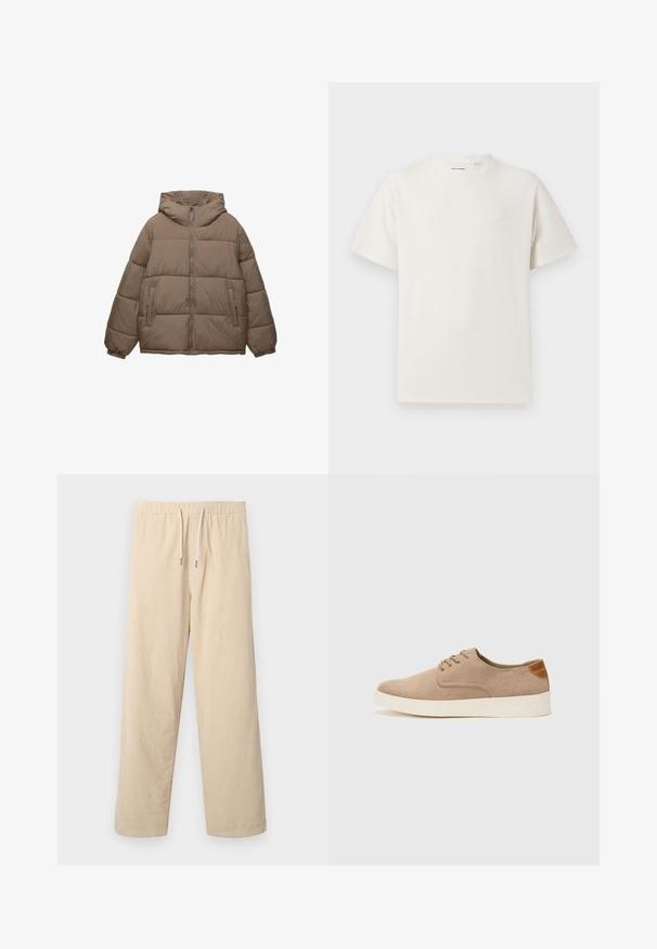 Taupe-colored padded jacket with front zipper, attached hood, elastic cuffs, and two zippered side pockets, displayed on white background.; White short-sleeve T-shirt in a ribbed texture. Round neckline, relaxed fit, no visible patterns or accents. Simple and versatile design.; Beige corduroy pants with an elastic waistband and drawstring, featuring wide legs and vertical ribbed texture.; Beige suede sneakers with a rounded toe, lace-up front, and a textured back accent. White rubber sole provides contrast. Simple and modern design.