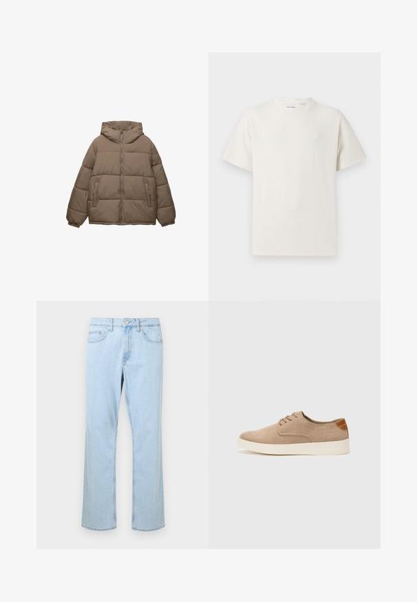 Taupe-kleurige gewatteerde jas met voorrits, vaste capuchon, elastische manchetten en twee ritszakken aan de zijkant, weergegeven op een witte achtergrond.; Witte korte mouwen T-shirt met ribbelstructuur. Ronde hals, ontspannen pasvorm, geen zichtbare patronen of accenten. Eenvoudig en veelzijdig ontwerp.; Lichtblauwe denim jeans met een rechte pijp, uitgerust met frontzakken, een enkele zilveren knop en stiksels langs de naden.; Beige suède sneakers met een ronde neus, vetersluiting aan de voorkant en een getextureerde achteraccent. De witte rubberen zool zorgt voor contrast. Eenvoudig en modern ontwerp.
