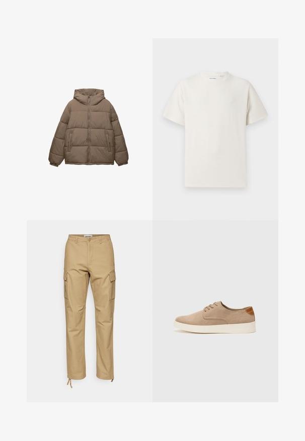 Giacca imbottita color taupe con zip frontale, cappuccio attaccato, polsini elasticizzati e due tasche laterali con zip, esposta su sfondo bianco.; T-shirt bianca a maniche corte in texture a coste. Girocollo, vestibilità rilassata, senza modelli o accenti visibili. Design semplice e versatile.; Pantaloni cargo color khaki con vestibilità dritta, realizzati in cotone. Caratteristiche includono tasche laterali, chiusura con bottone e lacci regolabili alla caviglia.; Sneaker in suede beige con punta arrotondata, stringhe davanti e un accento testurizzato sul retro. La suola in gomma bianca offre un contrasto. Design semplice e moderno.