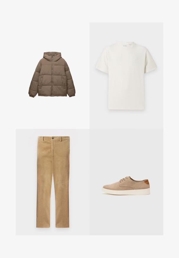Taupe színű, párnázott dzseki, elülső cipzárral, rögzített kapucnival, elasztikus mandzsettákkal és két cipzáros oldalzsebbel, fehér háttér előtt.; Fehér, rövid ujjú póló bordázott textúrával. Kerek nyakkivágás, laza szabás, nincs látható minta vagy díszítés. Egyszerű és sokoldalú dizájn.; Khaaki kordbársony nadrág, egyenes szabással, finom függőleges bordázattal, gombos záródással és normál övbújtatókkal.; Beige velúr sportcipő, kerek orral, fűzős elülső résszel és textúrált hátsó részlettel. Fehér gumitalp kontrasztot ad. Egyszerű és modern design.