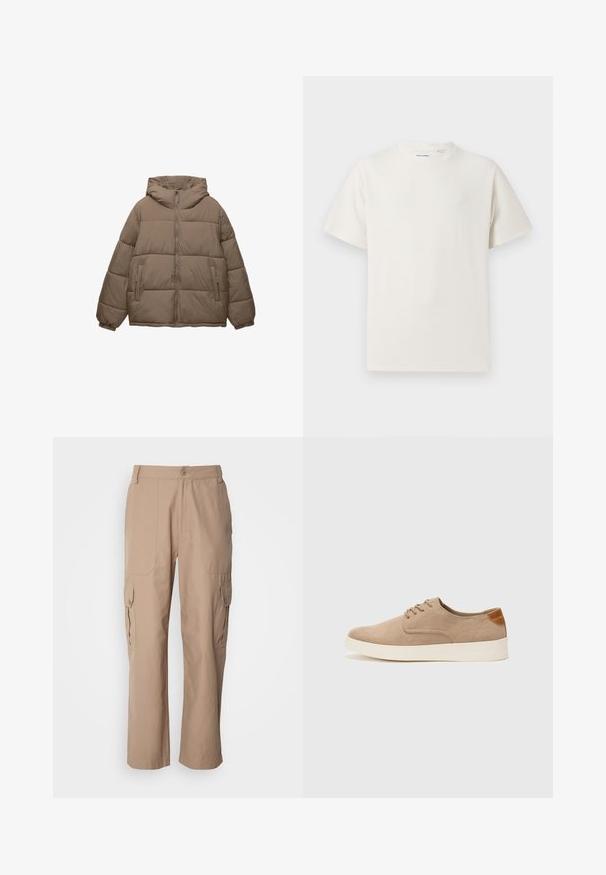 Taupe-värinen toppatakki, jossa on edessä vetoketju, kiinnitetty huppu, elastiset hihansuut ja kaksi vetoketjullista sivutaskua, taustana valkoinen.; Valkoinen lyhythihainen T-paita ribbikuviossa. Pyöreä kaula-aukko, rento istuvuus, ei näkyviä kuvioita tai yksityiskohtia. Yksinkertainen ja monikäyttöinen muotoilu.; Kahaki laukkuhousut, jotka on valmistettu kevyestä kankaasta ja joissa on kaksi sivutaskua, napillinen suljenta ja suora lahkeiden muoto.; Beige nubuck-lenkkarit, joissa on pyöreä kärki, nauhakiinnitys ja teksturoitu takaosa. Valkoinen kumipohja tuo kontrastia. Yksinkertainen ja moderni muotoilu.