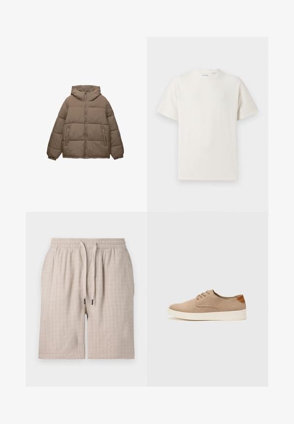 Tauffärgad vadderad jacka med framdragkedja, fast huva, elastiska ärmslut och två zippered sidofickor, visad på vit bakgrund.; Vit t-shirt med kort ärm i ribbad struktur. Rund halsringning, löst sittande passform, inga synliga mönster eller detaljer. Enkelt och mångsidigt design.; Beige, texturerade shorts med elastisk midja och dragsko. Har ett subtilt rutig mönster och lös passform. Inga synliga fickor.; Beige mockasinsneakers med rund tå, snörning fram och texturerad bakaxel. Vit gummisula ger kontrast. Enkelt och modernt design.