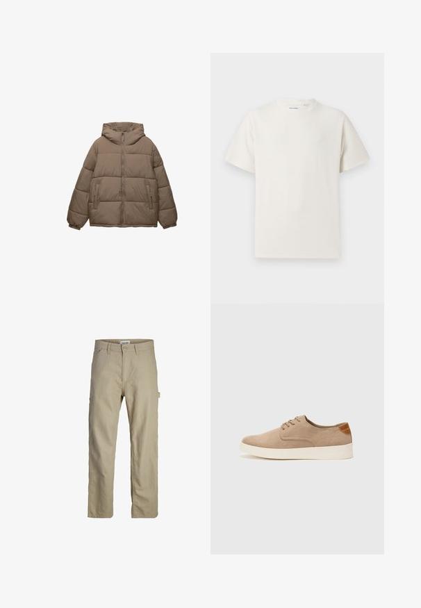 Tauffärgad vadderad jacka med framdragkedja, fast huva, elastiska ärmslut och två zippered sidofickor, visad på vit bakgrund.; Vit t-shirt med kort ärm i ribbad struktur. Rund halsringning, löst sittande passform, inga synliga mönster eller detaljer. Enkelt och mångsidigt design.; Beiga bomullbyxor med rak passform, som har en framknäppning med knapp, bältesslingor och en sidoficka för cargo. Slät yta.; Beige mockasinsneakers med rund tå, snörning fram och texturerad bakaxel. Vit gummisula ger kontrast. Enkelt och modernt design.