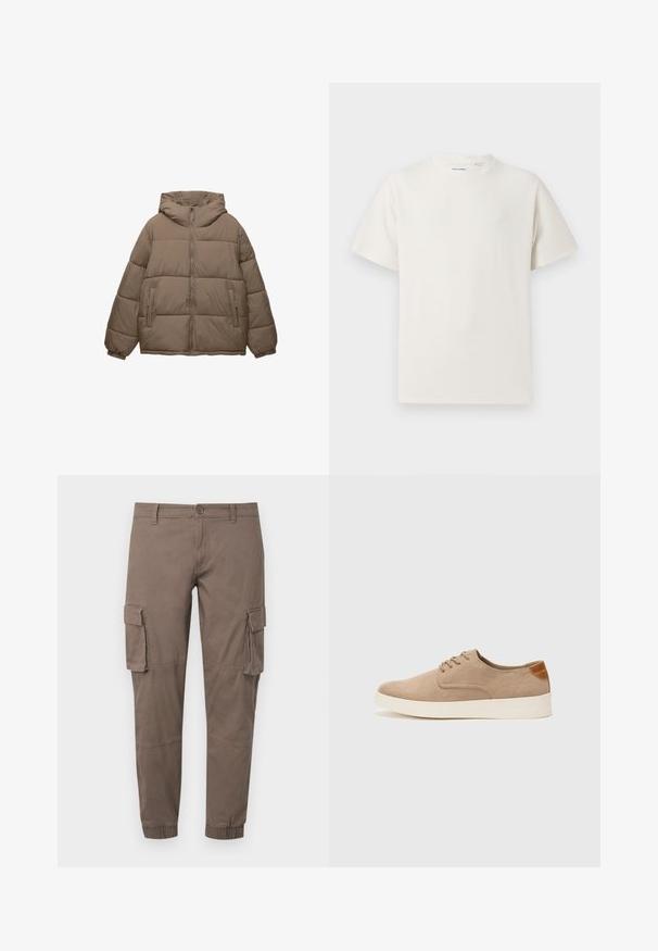 Taupe-farbene, gepolsterte Jacke mit Frontreißverschluss, abnehmbarer Kapuze, elastischen Bündchen und zwei seitlichen Reißverschlusstaschen, auf weißem Hintergrund präsentiert.; Weißes T-Shirt mit kurzen Ärmeln in gerippter Textur. Runder Ausschnitt, lockere Passform, keine sichtbaren Muster oder Akzente. Einfaches und vielseitiges Design.; Cargo-Hosen in einem gedämpften Braunton, aus leichtem Stoff gefertigt, mit mehreren Seitentaschen, elastischen Bündchen und einem klassischen Knopfverschluss.; Beige Wildleder-Sneaker mit runder Zehenpartie, Schnürung und strukturiertem Rückenteil. Die weiße Gummisohle sorgt für einen Kontrast. Einfaches und modernes Design.