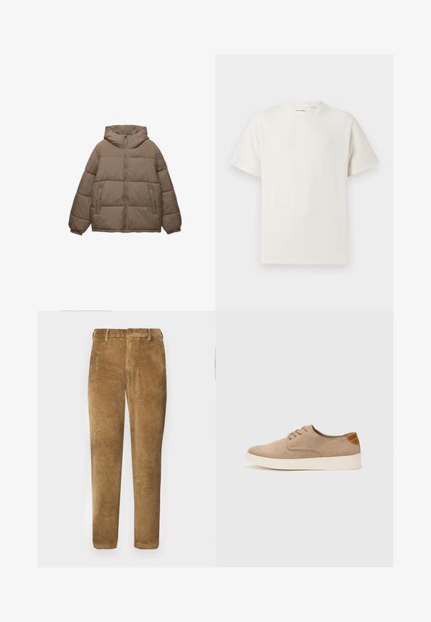 Jasnoszary, pikowany kurtka z zamkiem z przodu, przymocowanym kapturem, elastycznymi mankietami i dwoma bocznymi kieszeniami na zamek, wyeksponowana na białym tle.; Biała krótka koszulka z krótkim rękawem o żebrowanej fakturze. Okrągły dekolt, luźny krój, brak widocznych wzorów lub akcentów. Prosty i uniwersalny design.; Brązowe spodnie z korduroy o pionowym prążkowanym wzorze, proste cięcie, zapięcie na guzik i szlufki na pasek. Gładki materiał o miękkim wykończeniu.; Beżowe zamszowe sneakersy z okrągłym noskiem, sznurowanym przodem i teksturowanym akcentem na tyle. Biała gumowa podeszwa tworzy kontrast. Prosty i nowoczesny design.