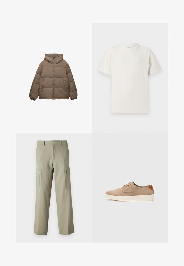 Taupe-farvet polstret jakke med frontlynlås, fast hætte, elastiske manchetter og to lynlåslommer, vist på hvid baggrund.; Hvid kortærmet T-shirt i ribbet tekstur. Rund halsudskæring, løs pasform, ingen synlige mønstre eller accenter. Enkel og alsidig design.; Lysgrønne cargo-bukser med lige ben, der har sidelommer og en glat stofoverflade. Bagsiden vises.; Beige ruskinds sneakers med rund tå, snørebånd foran og en struktureret rygdetalje. Hvid gummisål giver kontrast. Enkel og moderne design.