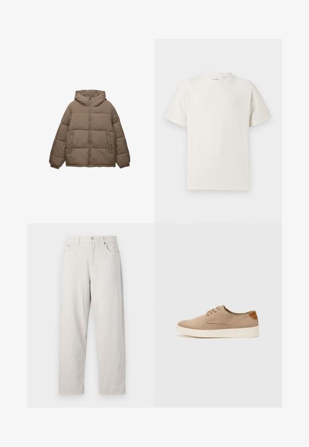 Taupe-farvet polstret jakke med frontlynlås, fast hætte, elastiske manchetter og to lynlåslommer, vist på hvid baggrund.; Hvid kortærmet T-shirt i ribbet tekstur. Rund halsudskæring, løs pasform, ingen synlige mønstre eller accenter. Enkel og alsidig design.; Lys beige højtaljede jeans i lige ben-design. Lavet af tykt bomuldsstof med fremtrædende forlommer og en enkelt metalknap.; Beige ruskinds sneakers med rund tå, snørebånd foran og en struktureret rygdetalje. Hvid gummisål giver kontrast. Enkel og moderne design.