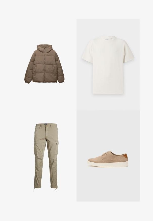 Tauffärgad vadderad jacka med framdragkedja, fast huva, elastiska ärmslut och två zippered sidofickor, visad på vit bakgrund.; Vit t-shirt med kort ärm i ribbad struktur. Rund halsringning, löst sittande passform, inga synliga mönster eller detaljer. Enkelt och mångsidigt design.; Jack & Jones JWHACE JJTUCKER ANA - Cargobyxor - dune; Beige mockasinsneakers med rund tå, snörning fram och texturerad bakaxel. Vit gummisula ger kontrast. Enkelt och modernt design.