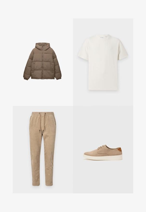 Taupe-kleurige gewatteerde jas met voorrits, vaste capuchon, elastische manchetten en twee ritszakken aan de zijkant, weergegeven op een witte achtergrond.; Witte korte mouwen T-shirt met ribbelstructuur. Ronde hals, ontspannen pasvorm, geen zichtbare patronen of accenten. Eenvoudig en veelzijdig ontwerp.; Korduroy joggerbroeken in lichtbeige, met een elastische tailleband met trekkoord, taps toelopende pijpen en een geribbelde textuur.; Beige suède sneakers met een ronde neus, vetersluiting aan de voorkant en een getextureerde achteraccent. De witte rubberen zool zorgt voor contrast. Eenvoudig en modern ontwerp.
