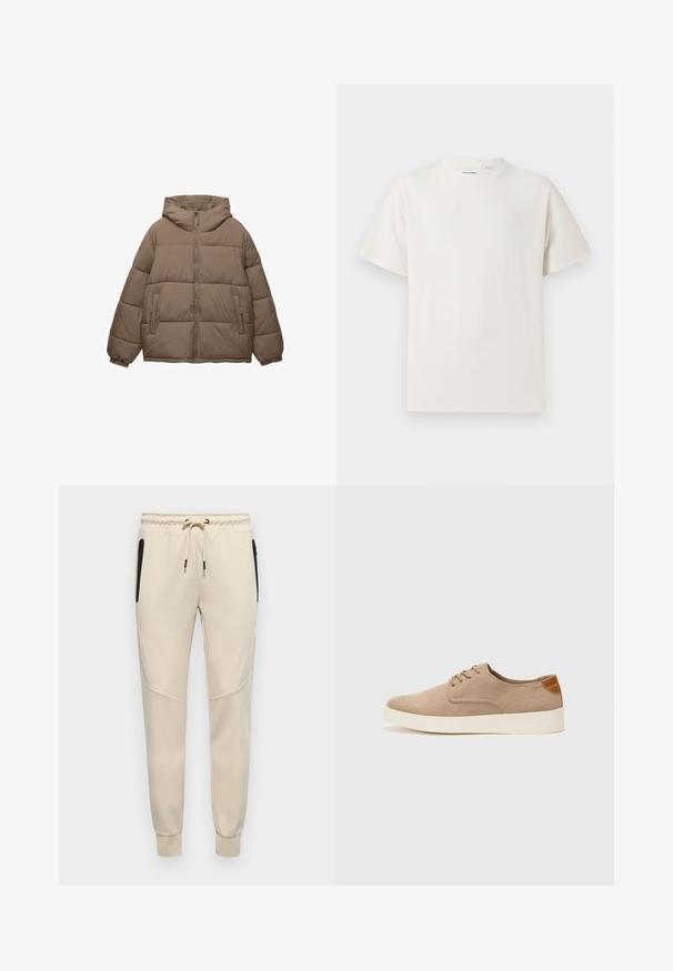 Taupe-farvet polstret jakke med frontlynlås, fast hætte, elastiske manchetter og to lynlåslommer, vist på hvid baggrund.; Hvid kortærmet T-shirt i ribbet tekstur. Rund halsudskæring, løs pasform, ingen synlige mønstre eller accenter. Enkel og alsidig design.; Lys beige sweatpants med snøre i taljen, sidelukker og tætsiddende manchetter med teksturerede detaljer på sidepanelerne.; Beige ruskinds sneakers med rund tå, snørebånd foran og en struktureret rygdetalje. Hvid gummisål giver kontrast. Enkel og moderne design.