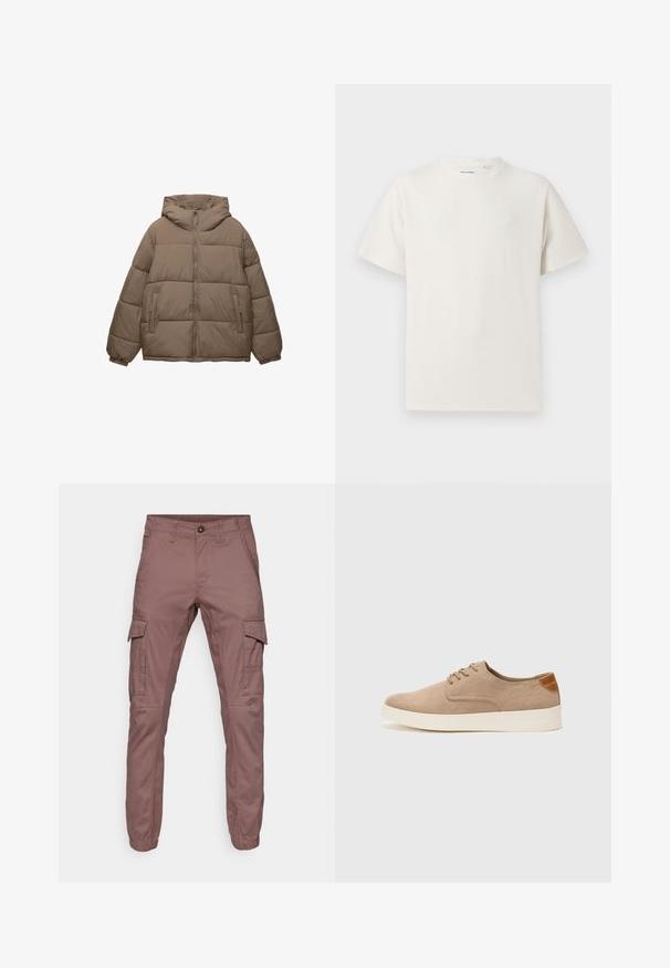 Giacca imbottita color taupe con zip frontale, cappuccio attaccato, polsini elasticizzati e due tasche laterali con zip, esposta su sfondo bianco.; T-shirt bianca a maniche corte in texture a coste. Girocollo, vestibilità rilassata, senza modelli o accenti visibili. Design semplice e versatile.; Pantaloni cargo in morbido tessuto bordeaux con polsini elasticizzati, molteplici tasche laterali e design frontale piatto, adatti per un abbigliamento casual o attività all'aperto.; Sneaker in suede beige con punta arrotondata, stringhe davanti e un accento testurizzato sul retro. La suola in gomma bianca offre un contrasto. Design semplice e moderno.