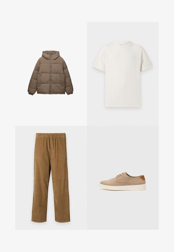 Taupe-colored padded jacket with front zipper, attached hood, elastic cuffs, and two zippered side pockets, displayed on white background.; White short-sleeve T-shirt in a ribbed texture. Round neckline, relaxed fit, no visible patterns or accents. Simple and versatile design.; Corduroy pants in a warm brown color featuring an elastic waistband with drawstrings, relaxed fit, and vertical ribbed texture.; Beige suede sneakers with a rounded toe, lace-up front, and a textured back accent. White rubber sole provides contrast. Simple and modern design.