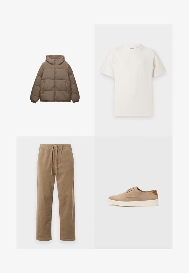 Taupe-farbene, gepolsterte Jacke mit Frontreißverschluss, abnehmbarer Kapuze, elastischen Bündchen und zwei seitlichen Reißverschlusstaschen, auf weißem Hintergrund präsentiert.; Weißes T-Shirt mit kurzen Ärmeln in gerippter Textur. Runder Ausschnitt, lockere Passform, keine sichtbaren Muster oder Akzente. Einfaches und vielseitiges Design.; Braune Cordhosen mit elastischem Bund und Kordelzug, entspannter Schnitt und geraden Beinen, strukturierte Oberfläche mit gerippetem Muster.; Beige Wildleder-Sneaker mit runder Zehenpartie, Schnürung und strukturiertem Rückenteil. Die weiße Gummisohle sorgt für einen Kontrast. Einfaches und modernes Design.