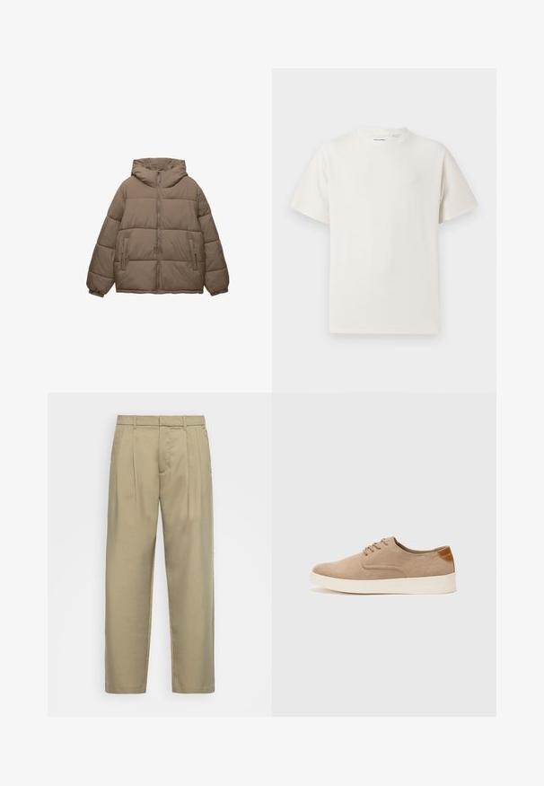 Taupe-värinen toppatakki, jossa on edessä vetoketju, kiinnitetty huppu, elastiset hihansuut ja kaksi vetoketjullista sivutaskua, taustana valkoinen.; Valkoinen lyhythihainen T-paita ribbikuviossa. Pyöreä kaula-aukko, rento istuvuus, ei näkyviä kuvioita tai yksityiskohtia. Yksinkertainen ja monikäyttöinen muotoilu.; Beige, korkeavyötäröiset housut suoralla leikkauksella, joissa on tasainen etuosa, sivutaskut ja sileä, teksturoitu kangas.; Beige nubuck-lenkkarit, joissa on pyöreä kärki, nauhakiinnitys ja teksturoitu takaosa. Valkoinen kumipohja tuo kontrastia. Yksinkertainen ja moderni muotoilu.