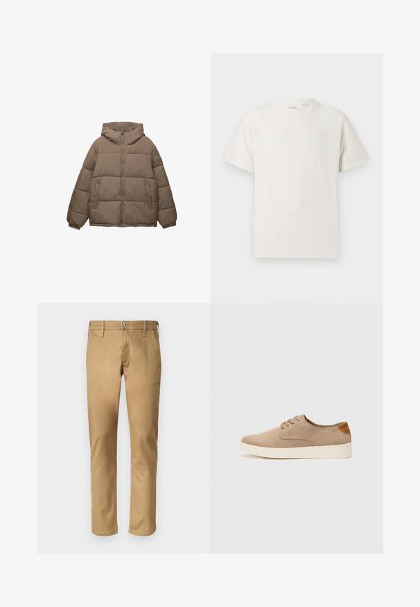 Zelena podložena jakna v taupe barvi z sprednjim zadrgo, pritrjeno kapuco, elastičnimi manšeti in dvema stranskima žepoma z zadrgo, prikazana na beli podlagi.; Bela majica s kratkimi rokavi iz rebraste tkanine. Okrogli izrez, sproščen kroj, brez vidnih vzorcev ali naglasov. Preprosta in vsestranska zasnova.; Bež chinos hlače s ravnim krojem. Narejene iz bombaža, vsebujejo sprednji gumb za zapiranje, zanke za pas in stranske žepke. Gladka tekstura.; Bež tkanine usnjene superge z zaobljenim nosom, vezalkami na sprednji strani in teksturiranim zadnjim detajlom. Belo gumijasto podplato zagotavlja kontrast. Enostaven in sodoben dizajn.