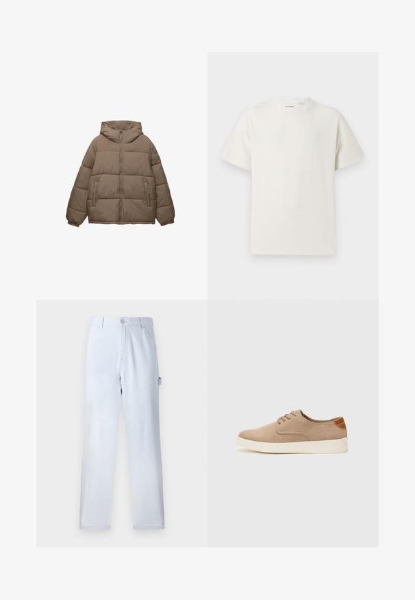 Taupe-farvet polstret jakke med frontlynlås, fast hætte, elastiske manchetter og to lynlåslommer, vist på hvid baggrund.; Hvid kortærmet T-shirt i ribbet tekstur. Rund halsudskæring, løs pasform, ingen synlige mønstre eller accenter. Enkel og alsidig design.; Lysblå stribede bukser lavet af bomuld. Lige ben design med knaplukning foran og sidelommer. Blød tekstur.; Beige ruskinds sneakers med rund tå, snørebånd foran og en struktureret rygdetalje. Hvid gummisål giver kontrast. Enkel og moderne design.