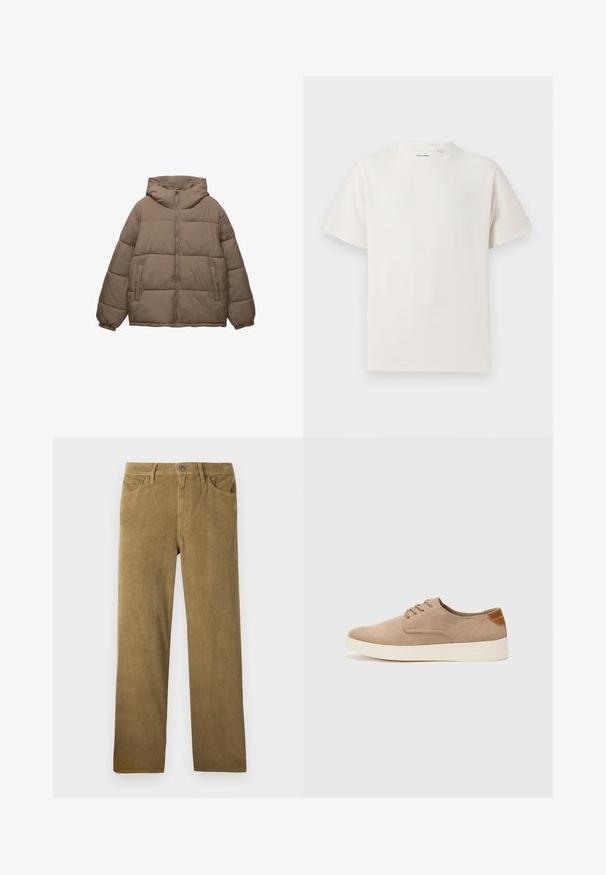 Taupe-kleurige gewatteerde jas met voorrits, vaste capuchon, elastische manchetten en twee ritszakken aan de zijkant, weergegeven op een witte achtergrond.; Witte korte mouwen T-shirt met ribbelstructuur. Ronde hals, ontspannen pasvorm, geen zichtbare patronen of accenten. Eenvoudig en veelzijdig ontwerp.; Katoenen corduroy broeken in een kaki kleur met een rechte snit, voorzien van verticale ribbeltextuur, riemlussen en voorzakken.; Beige suède sneakers met een ronde neus, vetersluiting aan de voorkant en een getextureerde achteraccent. De witte rubberen zool zorgt voor contrast. Eenvoudig en modern ontwerp.