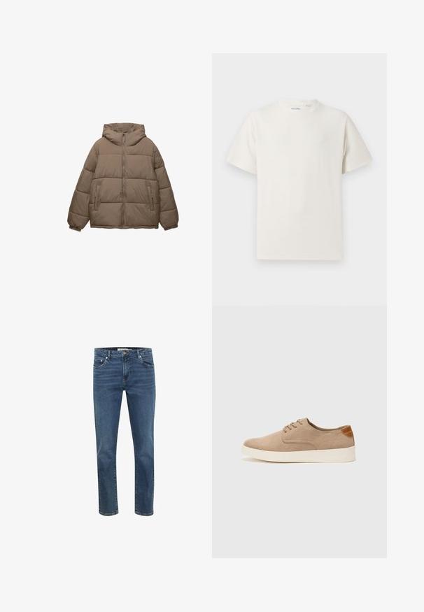 Jasně hnědá zateplená bunda s předním zipem, integrovanou kapucí, elastickými manžetami a dvěma bočními kapsami na zip, vystavená na bílém pozadí.; Bílý krátký rukáv tričko s pružnou strukturou. Kulatý výstřih, volný střih, bez viditelných vzorů nebo detailů. Jednoduchý a univerzální design.; Džínové kalhoty v tmavě modré barvě se rovný střih, pěti kapsami a kontrastním prošíváním. Obsahují zip a kovový knoflík na pase.; Béžové semišové tenisky s kulatou špičkou, šněrováním vpředu a texturovaným zadním akcentem. Bílá gumová podrážka poskytuje kontrast. Jednoduchý a moderní design.