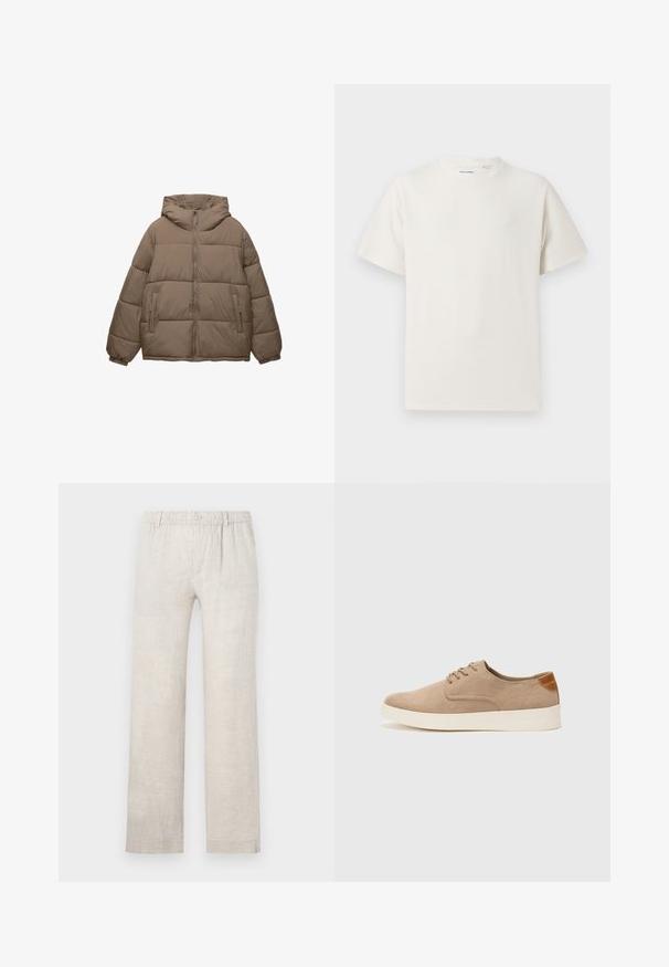 Taupe-farbene, gepolsterte Jacke mit Frontreißverschluss, abnehmbarer Kapuze, elastischen Bündchen und zwei seitlichen Reißverschlusstaschen, auf weißem Hintergrund präsentiert.; Weißes T-Shirt mit kurzen Ärmeln in gerippter Textur. Runder Ausschnitt, lockere Passform, keine sichtbaren Muster oder Akzente. Einfaches und vielseitiges Design.; Helle beige Leinenhosen mit geradem Bein, elastischem Bund und Knopfverschluss. Minimale Textur mit dezenten Nähten.; Beige Wildleder-Sneaker mit runder Zehenpartie, Schnürung und strukturiertem Rückenteil. Die weiße Gummisohle sorgt für einen Kontrast. Einfaches und modernes Design.