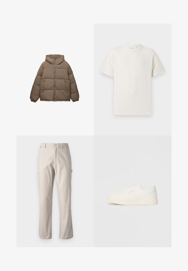 Taupe-värinen toppatakki, jossa on edessä vetoketju, kiinnitetty huppu, elastiset hihansuut ja kaksi vetoketjullista sivutaskua, taustana valkoinen.; Valkoinen lyhythihainen T-paita ribbikuviossa. Pyöreä kaula-aukko, rento istuvuus, ei näkyviä kuvioita tai yksityiskohtia. Yksinkertainen ja monikäyttöinen muotoilu.; Beige cargo-housut, jotka on valmistettu kestävästä puuvillasta, suorat lahkeet, etupainikekiinnitys ja sivutaskut käytännöllisyyttä varten. Sileä pinta ja huomaamaton ompelu.; Valkoiset liukusukat, joissa on teksturoitu pinta, paksu pohja ja minimalistikot. Sivulla on brändin logo.