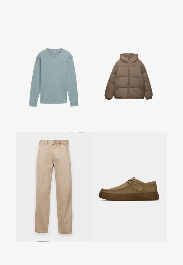 Padded jakna boje taupe s prednjim zatvaračem, pričvršćenim kapuljačom, elastičnim manžetama i dva bočna džepa na zatvarač, prikazana na bijeloj pozadini.; Dugmadna majica dugih rukava od mekog, svijetloplavog materijala. Ima okrugli izrez, rebraste rukave i mali logo na prsima. Glatka tekstura.; Bež teksas traperice ravnog kroja, s prednjim džepovima, metalnim zakopčavanjem i suptilnom teksturom.; Svijetlosmeđi nubuk cipele s okruglim vrhom, šavovima detaljima i rebrastom smeškom gumom. Ima bočnu oznaku s "Clarks" logotipom.