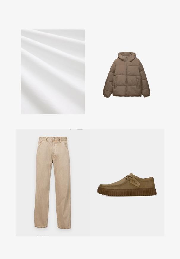 Tauffärgad vadderad jacka med framdragkedja, fast huva, elastiska ärmslut och två zippered sidofickor, visad på vit bakgrund.; Bomullstyg, vit färg, slät textur med subtila veck och skrynklor. Jämn yta, något reflekterande, utan mönster eller accenter.; Beige denimjeans med rak passform, som har framfickor, metallknappstängning och subtil textur.; Ljust bruna mockaskor med rund tå, sydda detaljer och en ribbad brun gummisula. Har en sidetikett med "Clarks"-logotyp.
