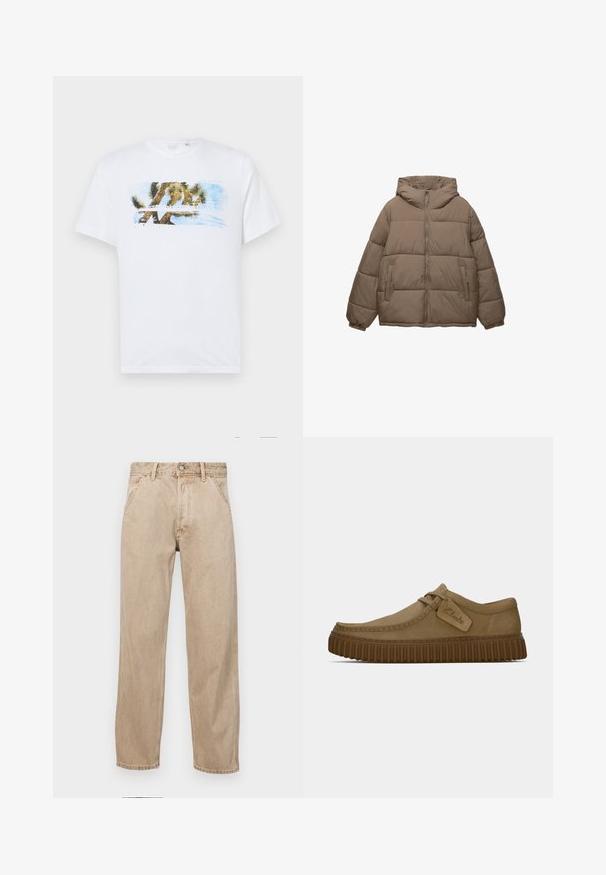 Jasnoszary, pikowany kurtka z zamkiem z przodu, przymocowanym kapturem, elastycznymi mankietami i dwoma bocznymi kieszeniami na zamek, wyeksponowana na białym tle.; Biała bawełniana koszulka z krótkim rękawem, ozdobiona kolorową grafiką drzewa Joshua i niebieskiego nieba. Posiada okrągły dekolt i luźny krój.; Beżowe dżinsy o prostym kroju, z przednimi kieszeniami, metalowym zapięciem na guzik i delikatną teksturą.; Jasnobrązowe zamszowe buty z okrągłym noskiem, z przeszyciami i brązową gumową podeszwą o żebrowanej fakturze. Posiadają boczną metkę z logo "Clarks".