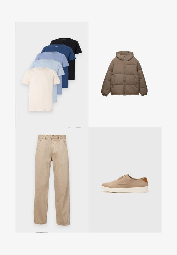 Taupe-farbene, gepolsterte Jacke mit Frontreißverschluss, abnehmbarer Kapuze, elastischen Bündchen und zwei seitlichen Reißverschlusstaschen, auf weißem Hintergrund präsentiert.; Kollektion von fünf Rundhalsausschnitt-T-Shirts in Cremetönen, Hellblau, Dunkelblau und Schwarz, aus weichem Baumwollmaterial, mit schlichtem Design.; Beige Denim-Jeans mit geradem Beinschnitt, ausgestattet mit Vordertaschen, einem Metallknopfverschluss und feiner Textur.; Beige Wildleder-Sneaker mit runder Zehenpartie, Schnürung und strukturiertem Rückenteil. Die weiße Gummisohle sorgt für einen Kontrast. Einfaches und modernes Design.