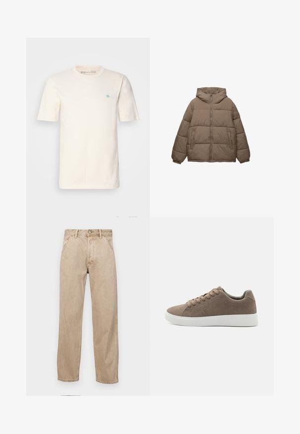 Taupe-colored padded jacket with front zipper, attached hood, elastic cuffs, and two zippered side pockets, displayed on white background.; Cream-colored cotton t-shirt with short sleeves, a crew neck, and a small blue emblem on the left chest. Soft texture and relaxed fit.; Beige denim jeans with a straight leg design, featuring front pockets, a metal button closure, and subtle texture.; Brown suede sneakers with flat white rubber soles, lace-up design, rounded toe, and a smooth texture. Minimalist style with subtle stitching details.