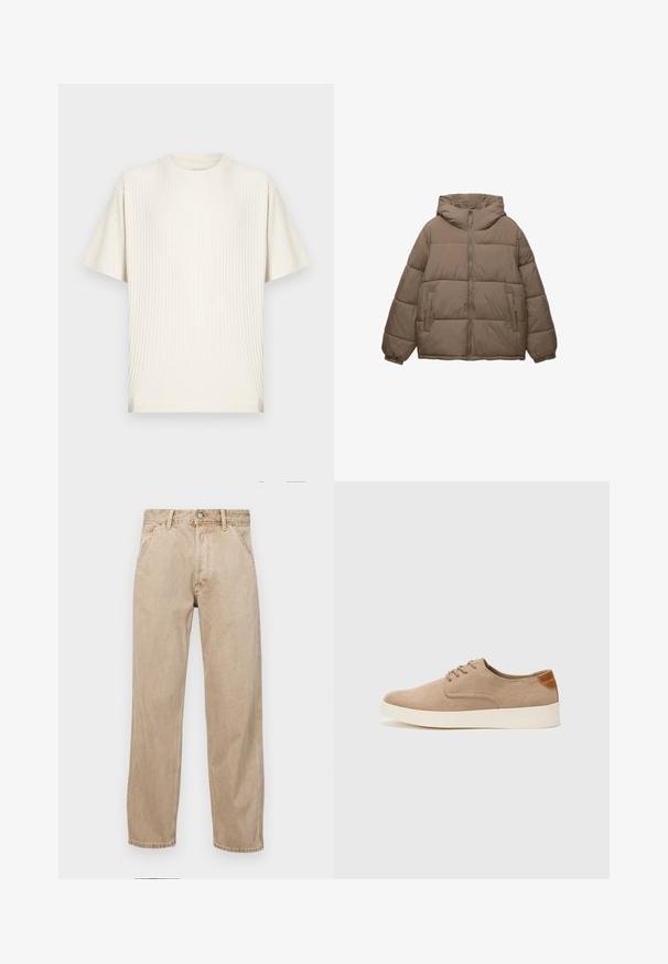 Giacca imbottita color taupe con zip frontale, cappuccio attaccato, polsini elasticizzati e due tasche laterali con zip, esposta su sfondo bianco.; T-shirt color crema, a costine, con maniche corte e scollo a girocollo, dal taglio morbido, mostrata su uno sfondo chiaro semplice.; Jeans in denim beige con un design a gamba dritta, dotati di tasche frontali, chiusura con bottone metallico e una texture delicata.; Sneaker in suede beige con punta arrotondata, stringhe davanti e un accento testurizzato sul retro. La suola in gomma bianca offre un contrasto. Design semplice e moderno.