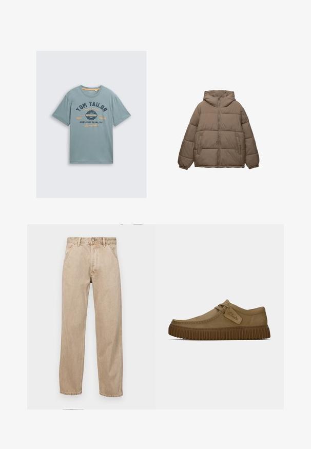 Zelena podložena jakna v taupe barvi z sprednjim zadrgo, pritrjeno kapuco, elastičnimi manšeti in dvema stranskima žepoma z zadrgo, prikazana na beli podlagi.; Svijetloplava pamučna majica s kratkim rukavima. Ima tamnoplavi i narančasti grafički tekst: "TOM TAILOR" i "PREMIUM QUALITY." Jednostavni okrugli izrez.; Beige jeans iz džinsa s ravnim nogavicama, ki imajo sprednje žepe, kovinsko zapiranje in subtilno teksturo.; Svetlo rjave antilop čevlje z ovalnim nosom, šivi in ribasto rjavo gumijasto podplat. Ima stransko oznako z logotipom "Clarks".