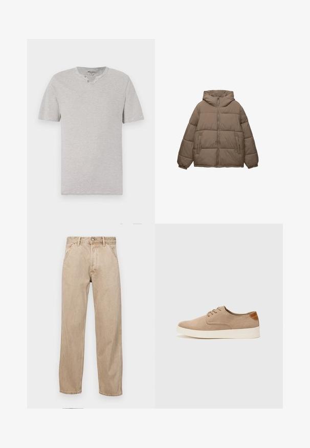 Veste matelassée couleur taupe avec fermeture éclair à l'avant, capuche attachée, poignets élastiques et deux poches latérales zippées, présentée sur fond blanc.; T-shirt à manches courtes, rayé gris et blanc, avec un col rond et deux boutons au niveau du cou. Tissu doux avec une coupe décontractée.; Jeans en denim beige avec une coupe droite, dotés de poches avant, d'une fermeture à bouton en métal et d'une texture subtile.; Baskets en daim beige avec un embout arrondi, un laçage sur le devant et un accent texturé à l'arrière. La semelle en caoutchouc blanche offre un contraste. Design simple et moderne.