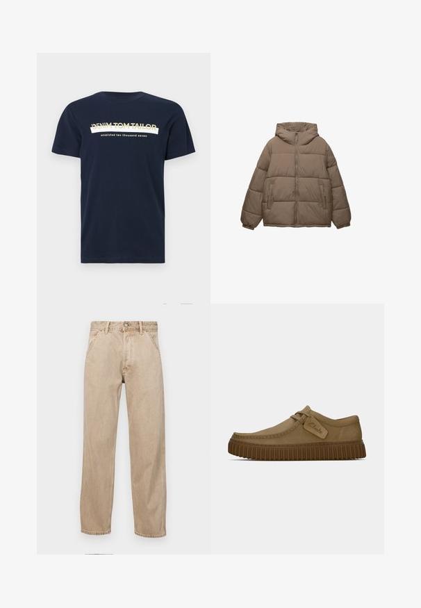 Taupe-värinen toppatakki, jossa on edessä vetoketju, kiinnitetty huppu, elastiset hihansuut ja kaksi vetoketjullista sivutaskua, taustana valkoinen.; Tummansininen puuvillapaita lyhyillä hihoilla ja pyöreällä kaula-aukolla. Paidassa on valkoista ja kultaa teksti: "DENIM TOM TAILOR" ja "perustettu kaksituhatt seitsemän."; Beige farkkuhousut suoranlahkeisella muotoilulla, joissa on etutaskut, metallinen nappisulku ja hillitty rakenne.; Vaaleanruskeat mokkakengät, joissa on pyöreä kärki, ommeltuja yksityiskohtia ja uritettu ruskea kumipohja. Kengissä on myös sivulappu, jossa on "Clarks"-logo.