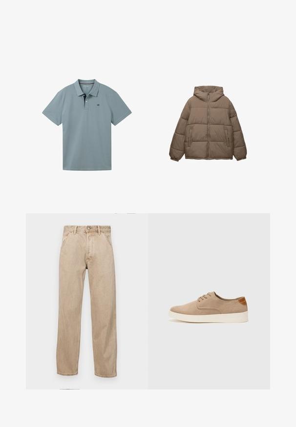 Taupe-värinen toppatakki, jossa on edessä vetoketju, kiinnitetty huppu, elastiset hihansuut ja kaksi vetoketjullista sivutaskua, taustana valkoinen.; Vaaleansininen poolopaita, jossa on klassinen kaulus, kaksinappinen etuosa ja kontrastivärinen tummansininen sisäkaulus. Lyhyet hihat, joissa on siistit saumat.; Beige farkkuhousut suoranlahkeisella muotoilulla, joissa on etutaskut, metallinen nappisulku ja hillitty rakenne.; Beige nubuck-lenkkarit, joissa on pyöreä kärki, nauhakiinnitys ja teksturoitu takaosa. Valkoinen kumipohja tuo kontrastia. Yksinkertainen ja moderni muotoilu.