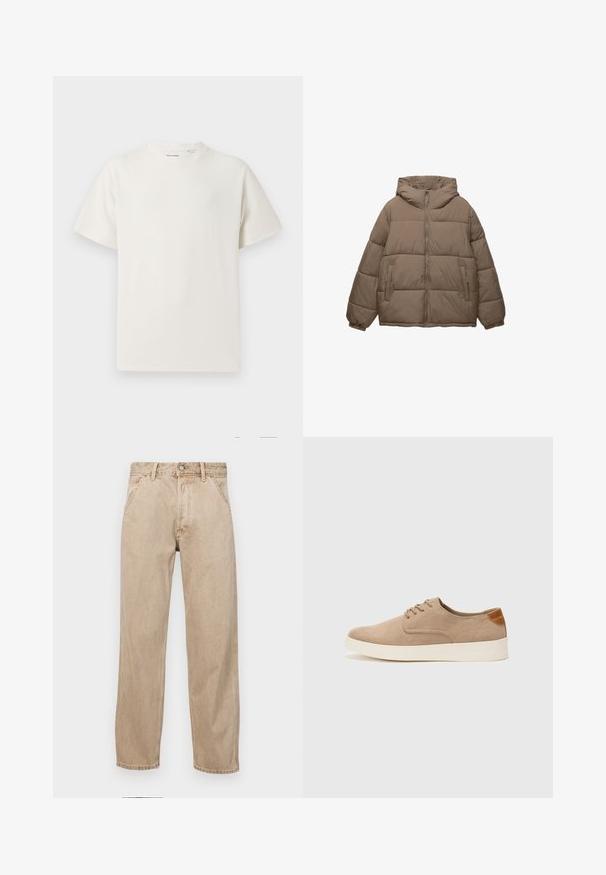 Taupe-kleurige gewatteerde jas met voorrits, vaste capuchon, elastische manchetten en twee ritszakken aan de zijkant, weergegeven op een witte achtergrond.; Witte korte mouwen T-shirt met ribbelstructuur. Ronde hals, ontspannen pasvorm, geen zichtbare patronen of accenten. Eenvoudig en veelzijdig ontwerp.; Beige denim jeans met een recht gesneden ontwerp, voorzien van voorzakken, een metalen knoopsluiting en een subtiele textuur.; Beige suède sneakers met een ronde neus, vetersluiting aan de voorkant en een getextureerde achteraccent. De witte rubberen zool zorgt voor contrast. Eenvoudig en modern ontwerp.